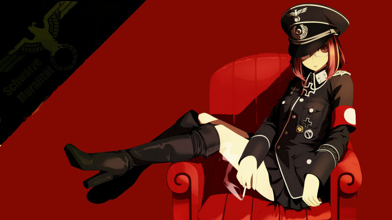 Anime Girl in Uniform — Red, Dramatic, Armchair, Cigarette
