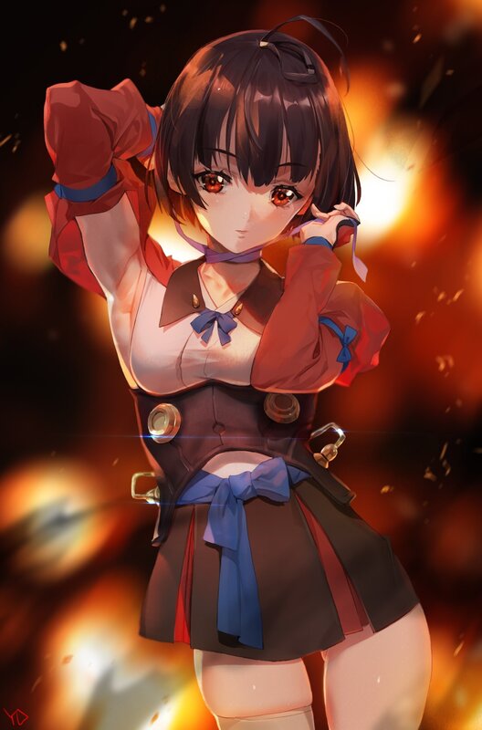 Anime Girl in Uniform — Red, Dramatic, Digital Art, Fire