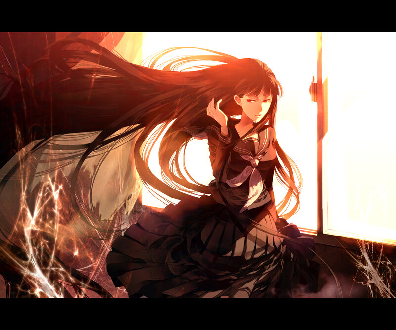 Anime Girl in Uniform — Red, Dramatic, Sunset, Digital Art