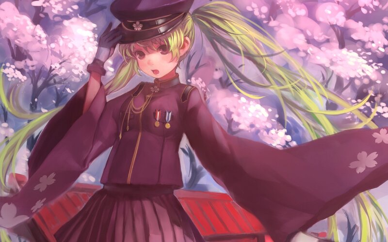 anime girl in uniform under cherry blossoms