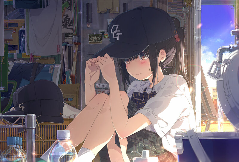 Anime Girl in Uniform — White, Calm, Afternoon, Digital Art, Baseball Cap