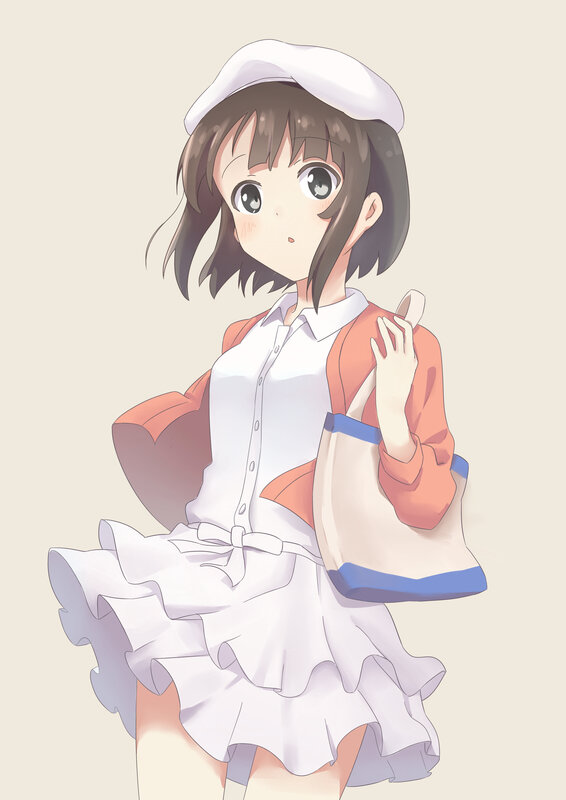 Anime Girl in Uniform — White, Calm, Hat, Bag