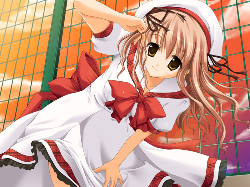 Anime Girl in Uniform — White, Playful, Sunset