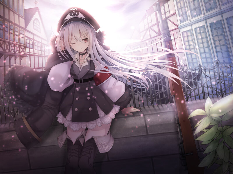 Anime Girl in Uniform — White, Serene, Afternoon, Digital Art, Building