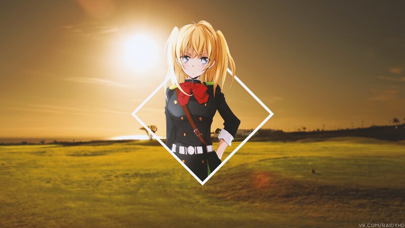 Anime Girl in Uniform — Yellow, Dramatic, Sunset, Sun