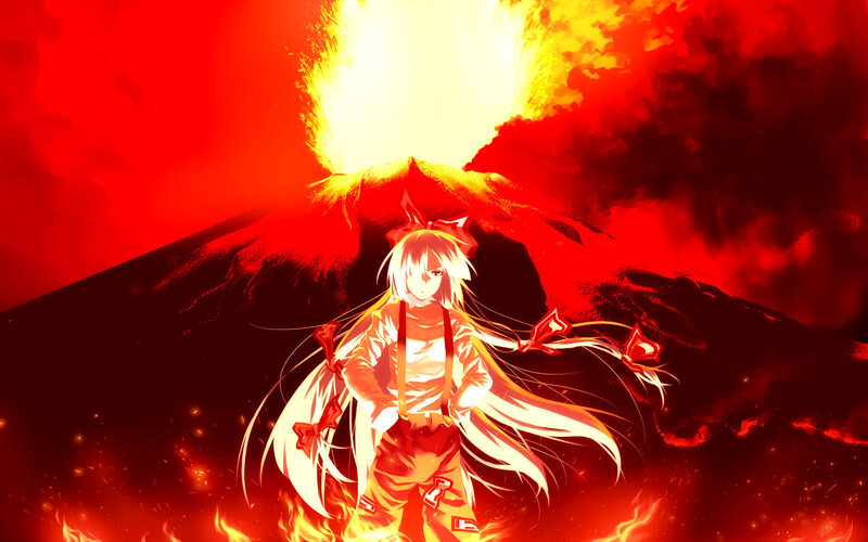 Anime girl in volcanic eruption