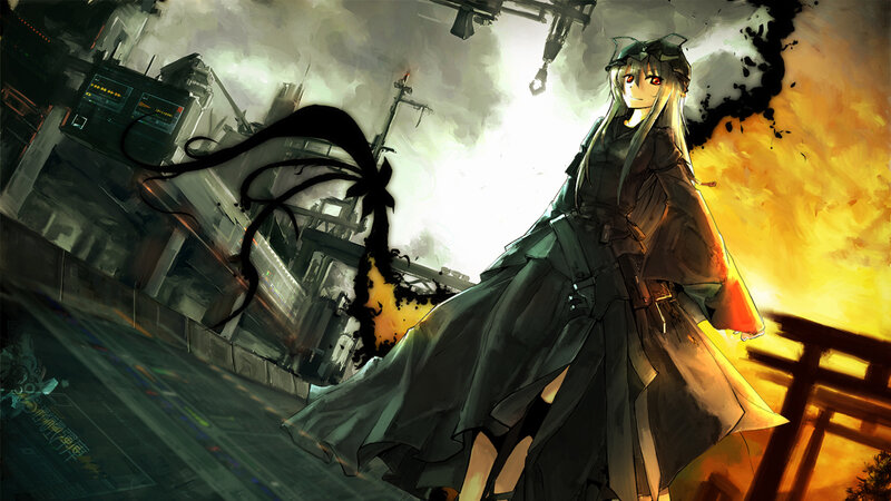 anime girl in war-torn city