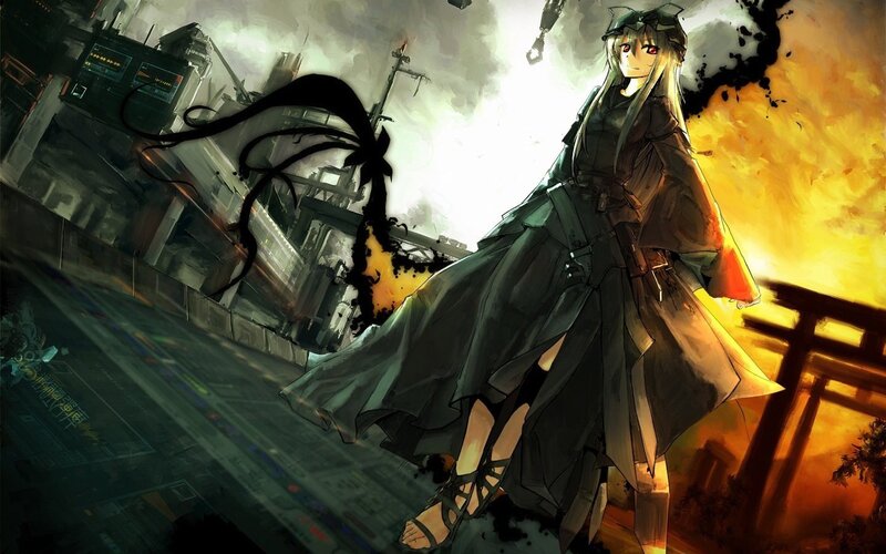 anime girl in war-torn city