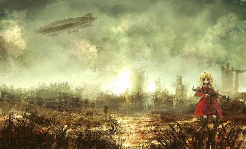 Anime girl in war-torn landscape