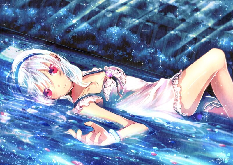 Anime girl in water at night