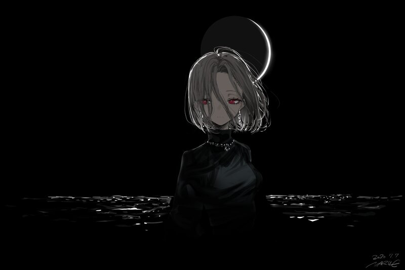 Anime Girl in Water — Black, Dramatic, Night, Digital Art, Red Eyes