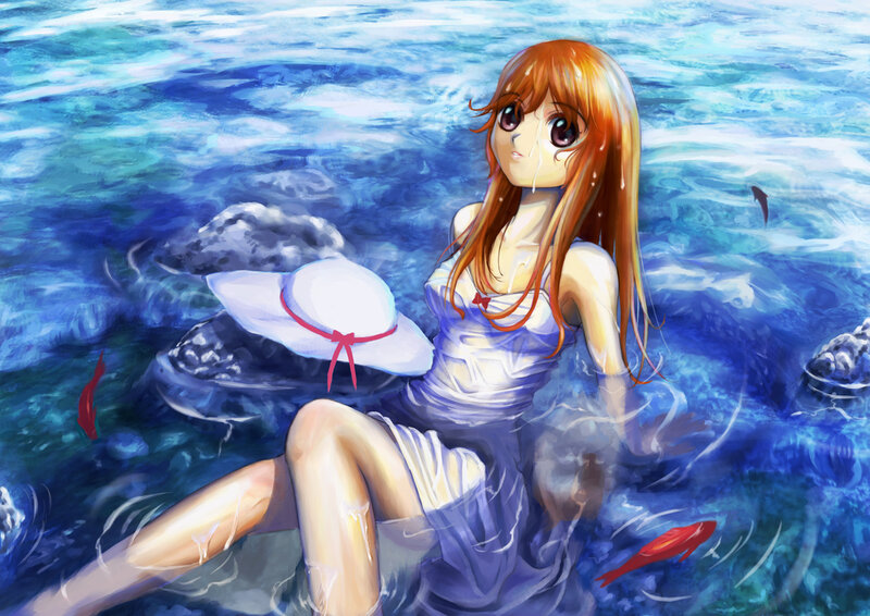 Anime Girl in Water — Blue, Calm, Afternoon, Digital Art