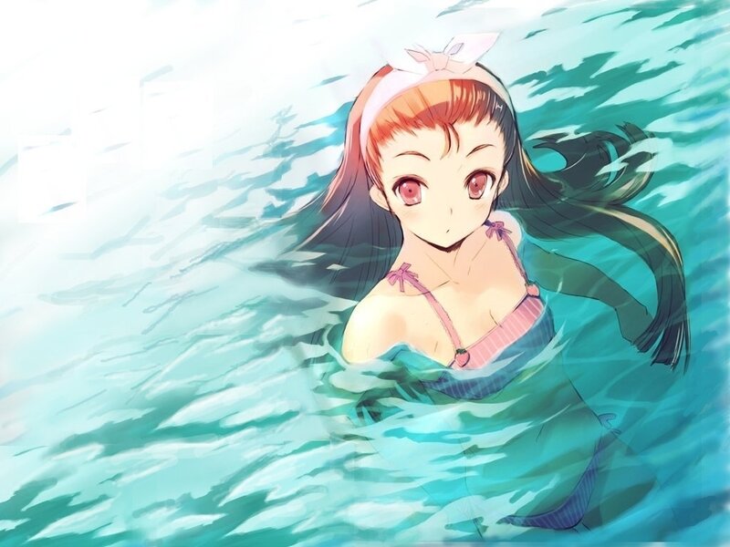 Anime Girl in Water — Blue, Calm, Afternoon, Swimsuit