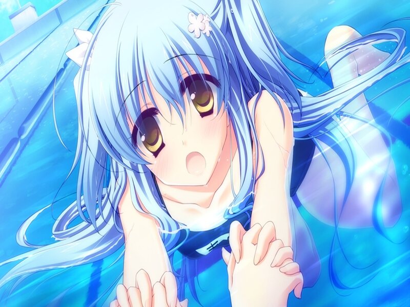 Anime Girl in Water — Blue, Calm, Blue Hair