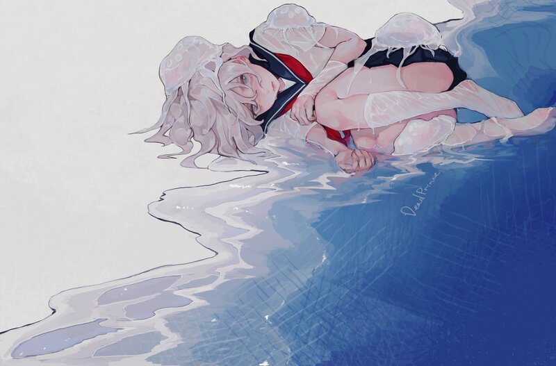 Anime Girl in Water — Blue, Calm, Digital Art, Jellyfish