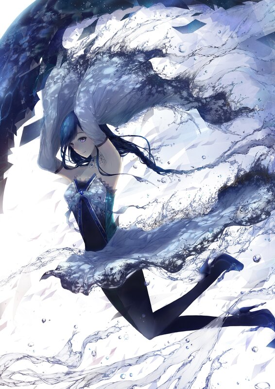 Anime Girl in Water — Blue, Dramatic, Digital Art, Dress