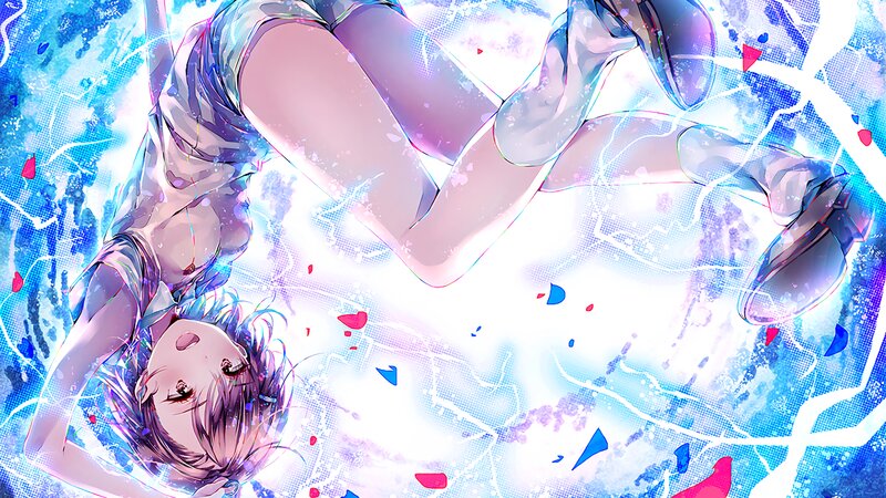 Anime Girl in Water — Blue, Dramatic, Digital Art, Lightning