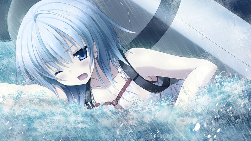 Anime Girl in Water — Blue, Dramatic, Digital Art, Rain