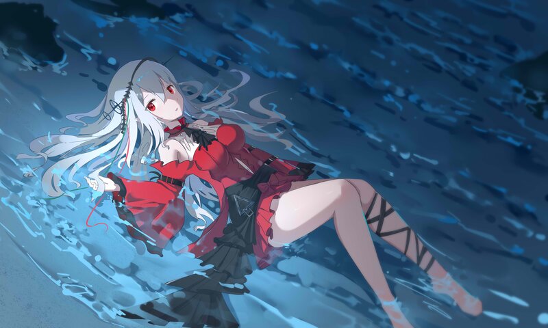 Anime Girl in Water — Blue, Dramatic, Digital Art, Red Dress