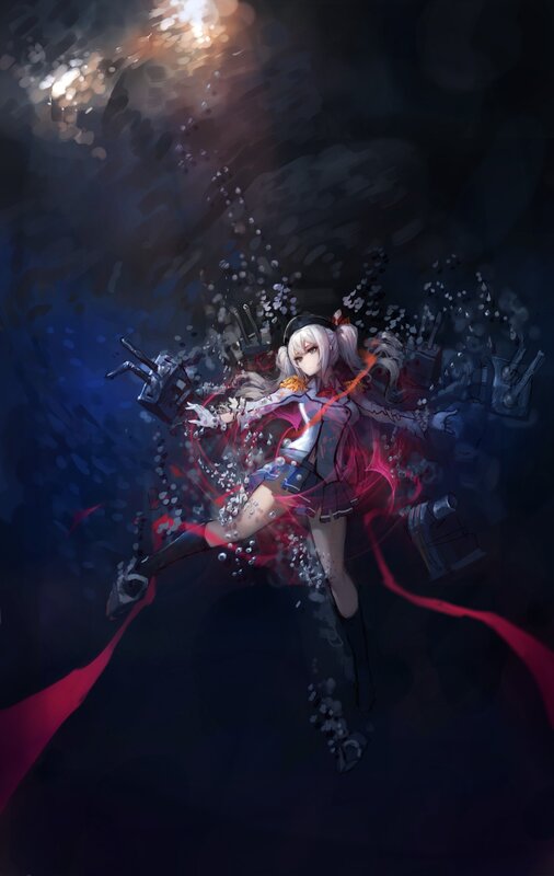 Anime Girl in Water — Blue, Dramatic, Night, Digital Art, Bubbles