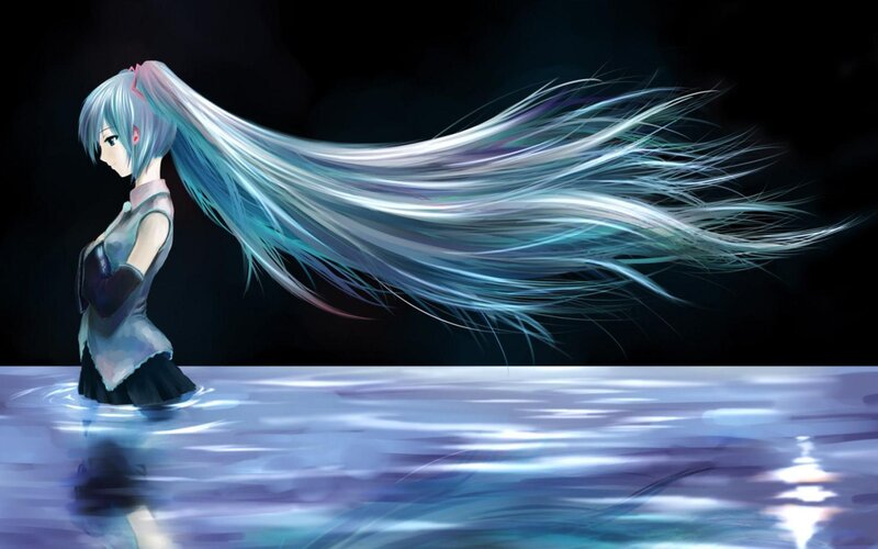 Anime Girl in Water — Blue, Dramatic, Night