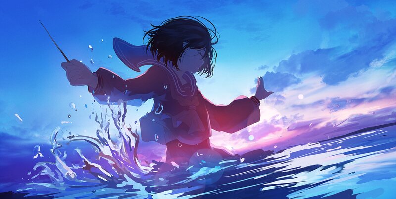 Anime Girl in Water — Blue, Dramatic, Sunset