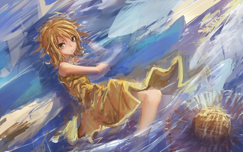 Anime Girl in Water — Blue, Dynamic, Digital Art, Dress