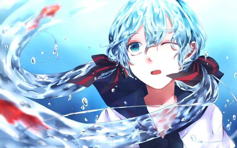 Anime Girl in Water — Blue, Dynamic, Digital Art, Goldfish