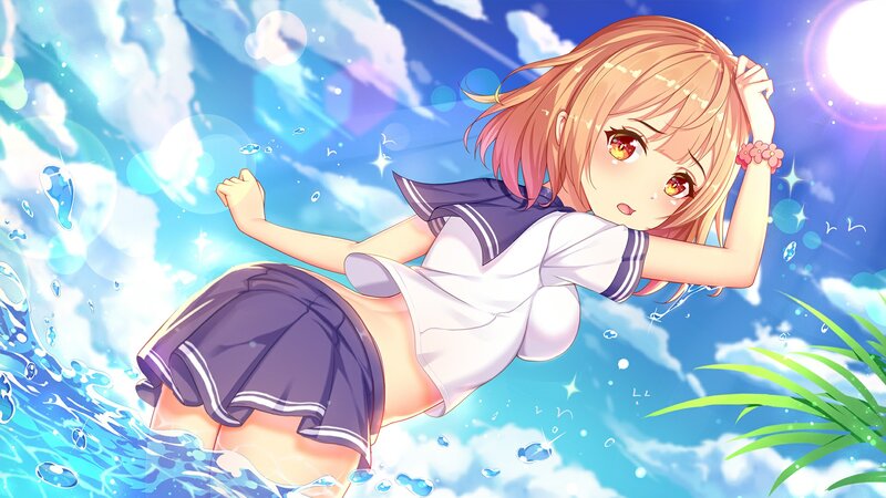 Anime Girl in Water — Blue, Playful, Afternoon, Digital Art, School Uniform