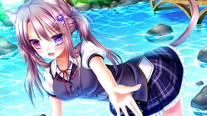 Anime Girl in Water — Blue, Playful, Afternoon, School Uniform