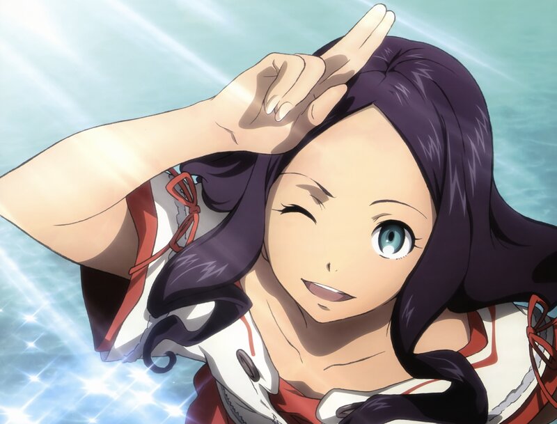 Anime Girl in Water — Blue, Playful, Afternoon, Winking, Hand Gesture