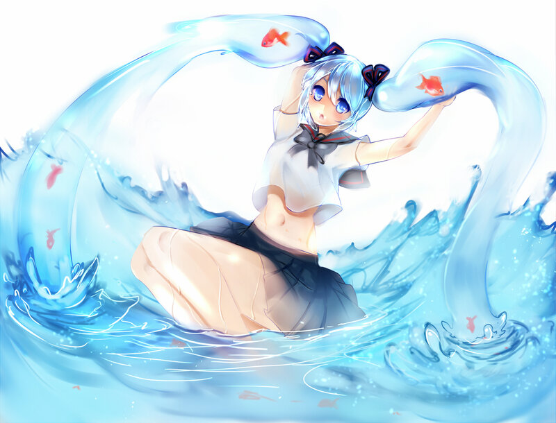 Anime Girl in Water — Blue, Playful, Digital Art