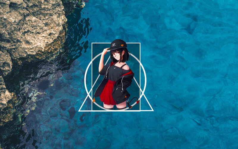 Anime Girl in Water — Blue, Serene, Afternoon, Digital Art, Cap