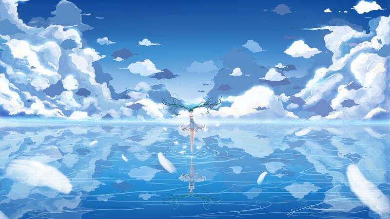 Anime Girl in Water — Blue, Serene, Afternoon, Digital Art, Clouds