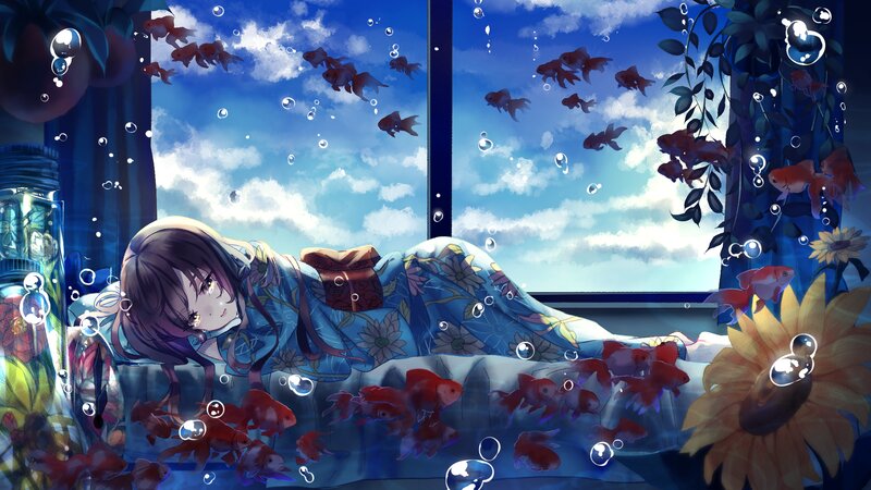 Anime Girl in Water — Blue, Serene, Afternoon, Digital Art, Goldfish