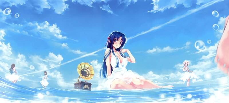 Anime Girl in Water — Blue, Serene, Afternoon, Digital Art, Gramophone, Bubbles