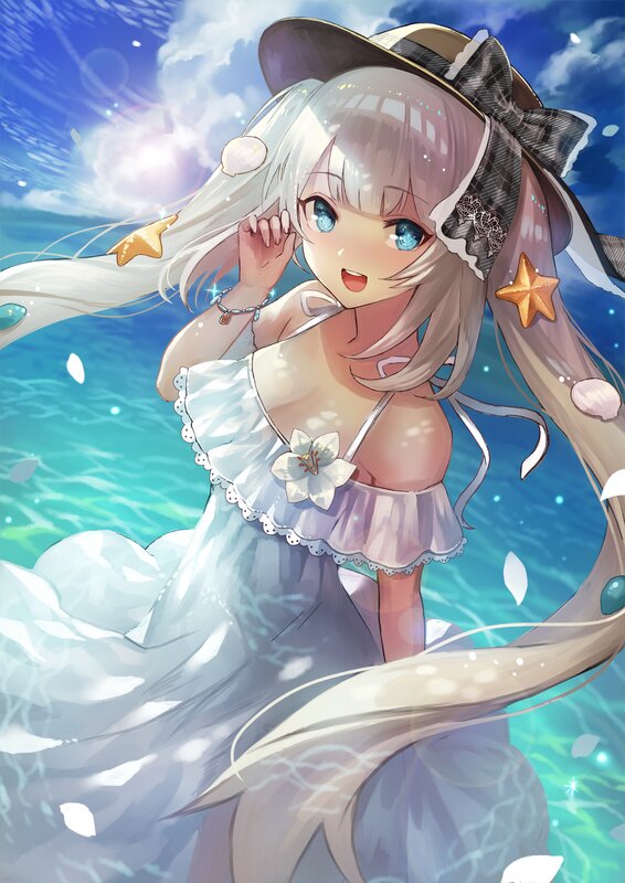 Anime Girl in Water — Blue, Serene, Afternoon, Digital Art, Starfish