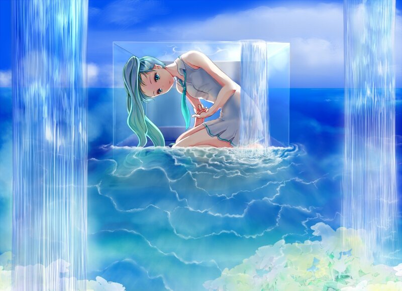 Anime Girl in Water — Blue, Serene, Afternoon, Digital Art, Waterfall