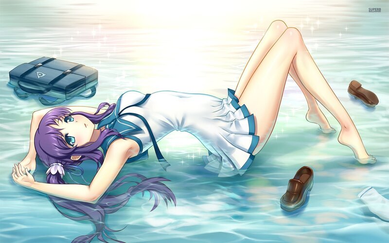 Anime Girl in Water — Blue, Serene, Afternoon, School Bag