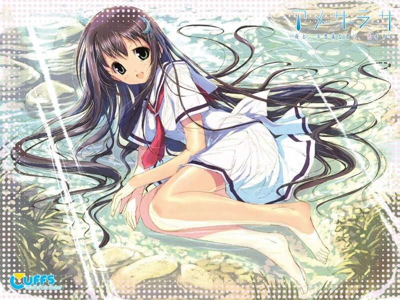 Anime Girl in Water — Blue, Serene, Afternoon, School Uniform