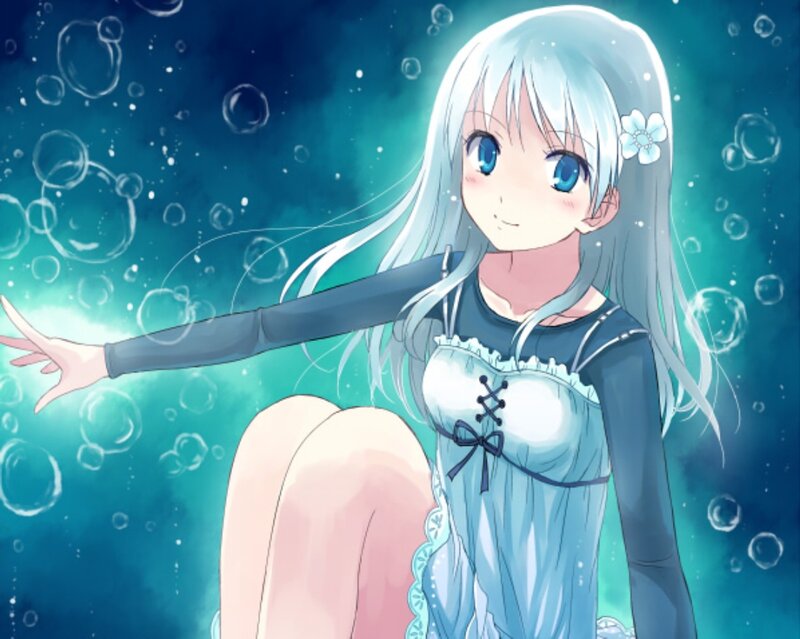 Anime Girl in Water — Blue, Serene, Bubbles