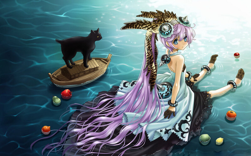 Anime Girl in Water — Blue, Serene, Digital Art, Cat