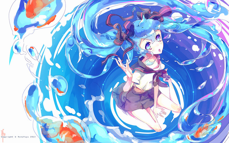 Anime Girl in Water — Blue, Serene, Digital Art, Fish