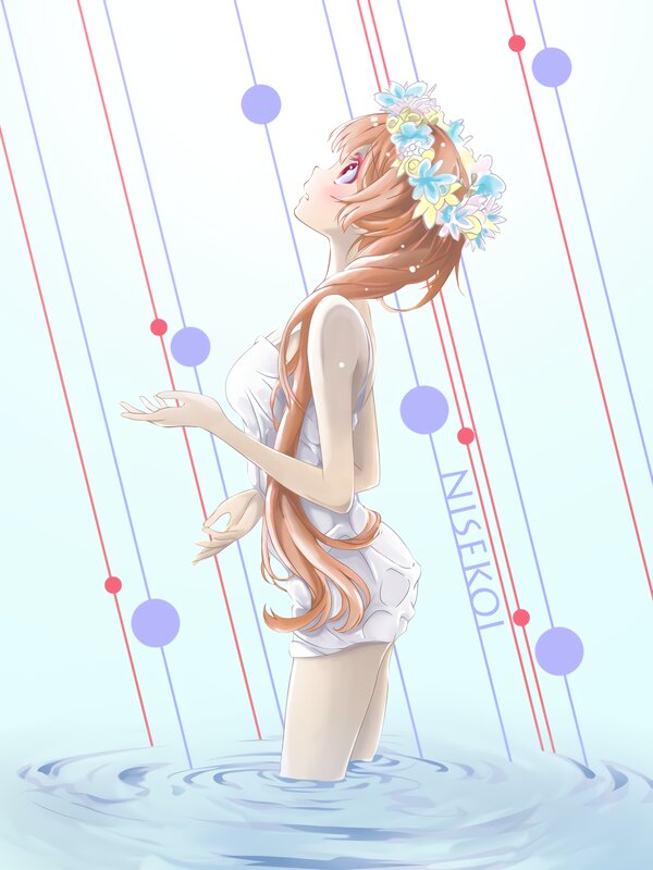 Anime Girl in Water — Blue, Serene, Digital Art, Flower Crown