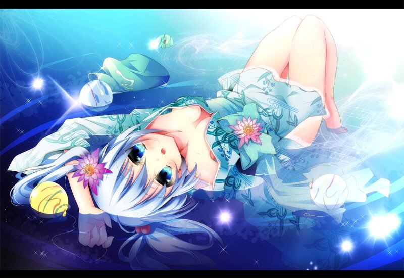 Anime Girl in Water — Blue, Serene, Digital Art, Flowers, Bubbles