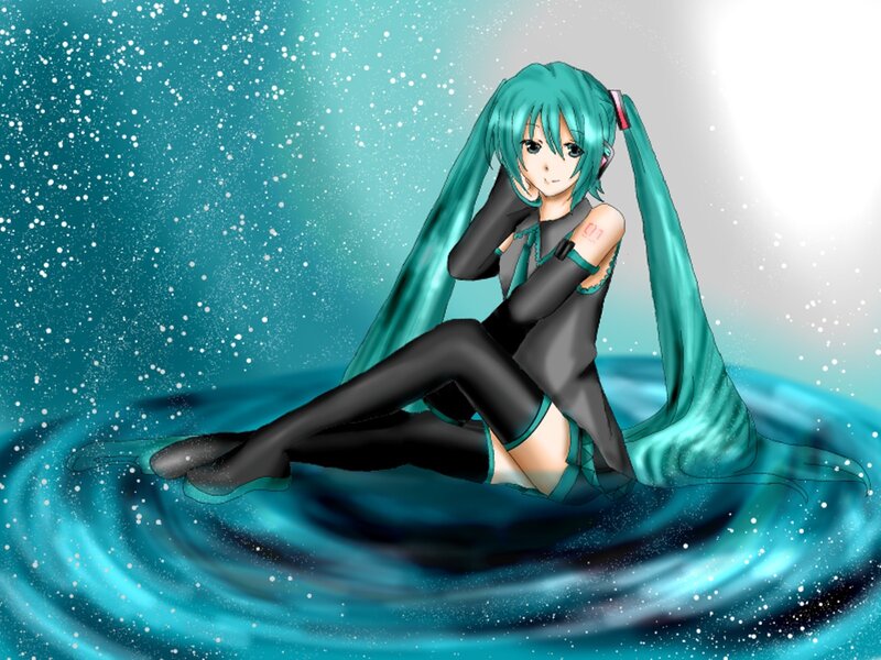 Anime Girl in Water — Blue, Serene, Digital Art, Long Hair