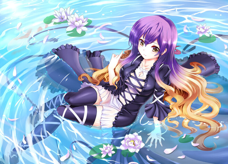 Anime Girl in Water — Blue, Serene, Digital Art, Lotus Flowers, Petals