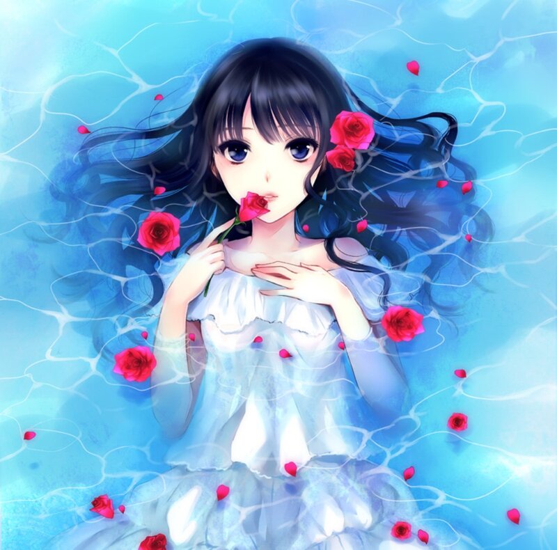 Anime Girl in Water — Blue, Serene, Digital Art, Rose