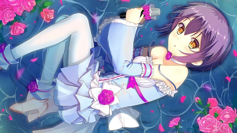 Anime Girl in Water — Blue, Serene, Digital Art, Roses, Microphone