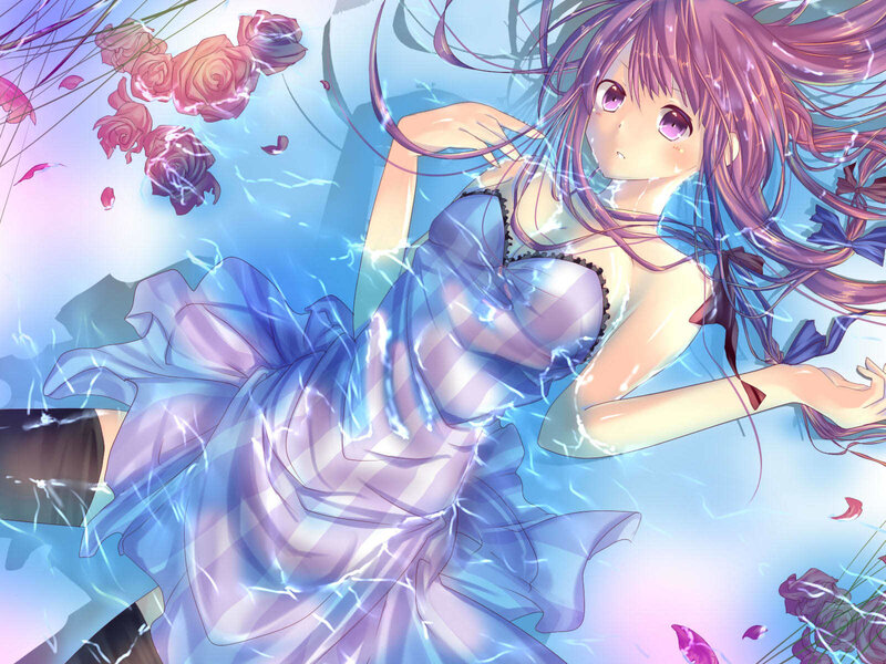 Anime Girl in Water — Blue, Serene, Digital Art, Roses